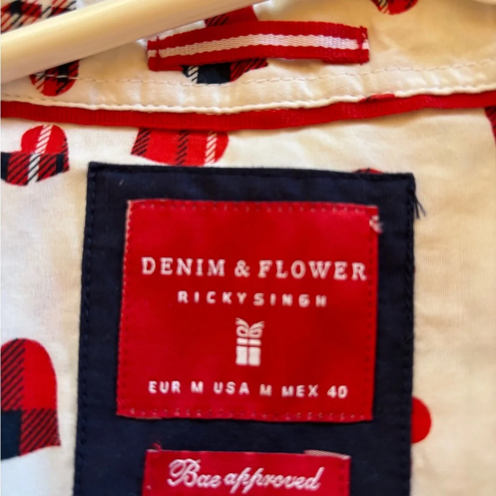 Denim & Flower White Cotton  Shirt with Red and Black Heart Design Medium